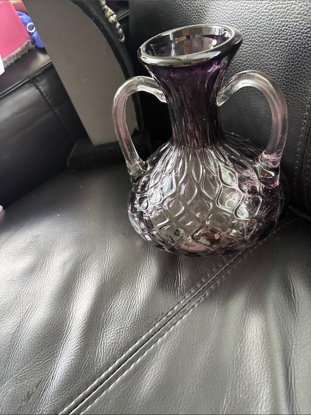 Vintage Handblown Glass Double-Handled Vase in Deep Purple - Picture 7 of 7